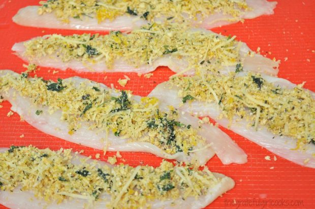 Fish fillets covered with bread crumb mixture on red cutting board