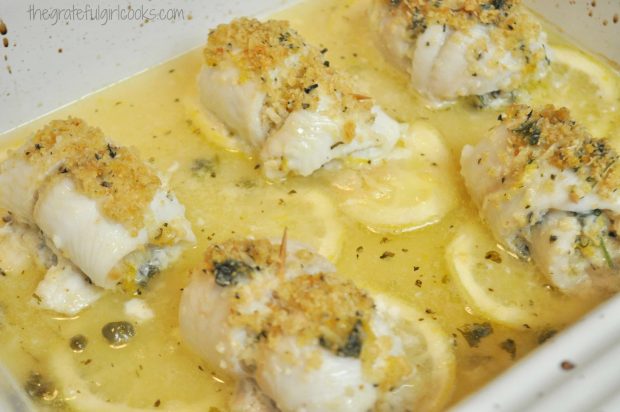 Baked fish in baking dish out of oven