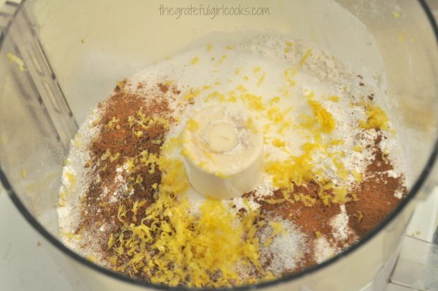 Flour, lemon zest, cinnamon, etc. mixed in food processor for blackberry bar base