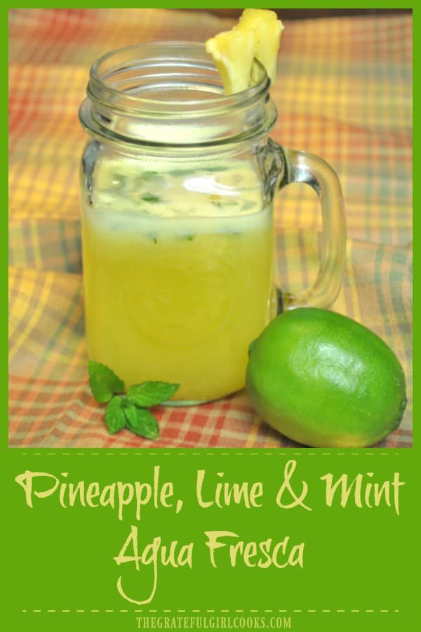 Make cold, refreshing Pineapple, Lime and Mint Agua Fresca in 5 minutes! It's a family friendly, fresh fruit beverage with only 75 calories per serving!