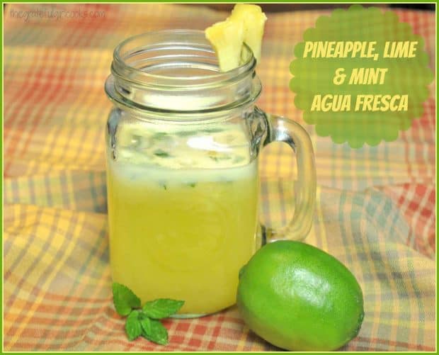 Make cold, refreshing Pineapple, Lime and Mint Agua Fresca in 5 minutes! It's a family friendly, fresh fruit beverage with only 75 calories per serving!