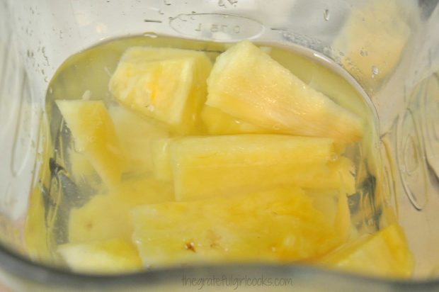Fresh pineapple, water, lime juice and sugar are blended until smooth for agua fresca