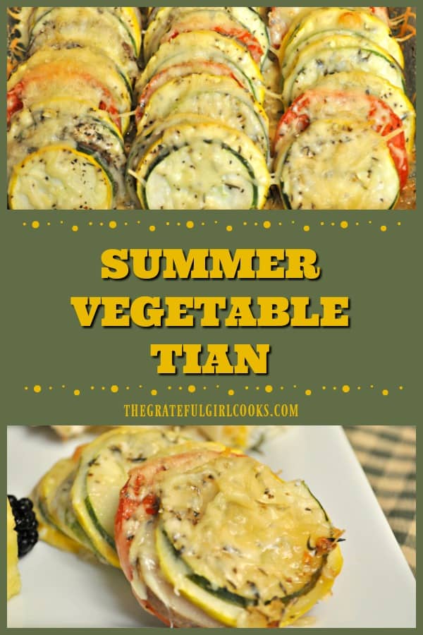 Summer Vegetable Tian is a delicious and colorful baked vegetable side dish, layered with zucchini, yellow squash, potato, tomato, herbs and Italian cheese.