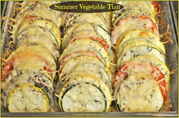 Summer Vegetable Tian is a delicious and colorful baked vegetable side dish, layered with zucchini, yellow squash, potato, tomato, herbs and Italian cheese.