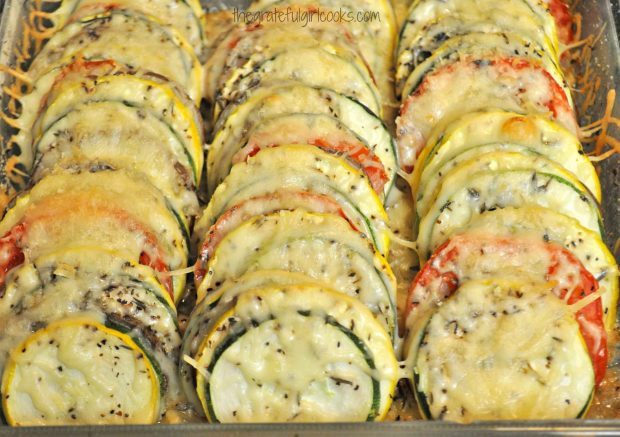 Summer vegetable tian with melted cheese is fully baked.