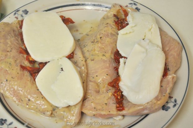 Mozzarella cheese slices are placed on top of sun dried tomatoes.