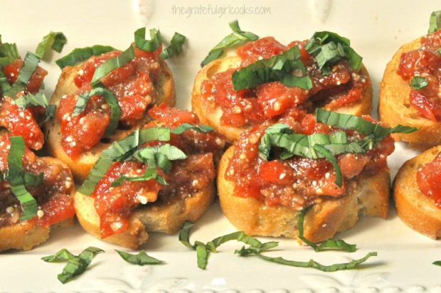 Italian seasoned tomato mixture and Italian flavored tomatoes top Classic Bruschetta.