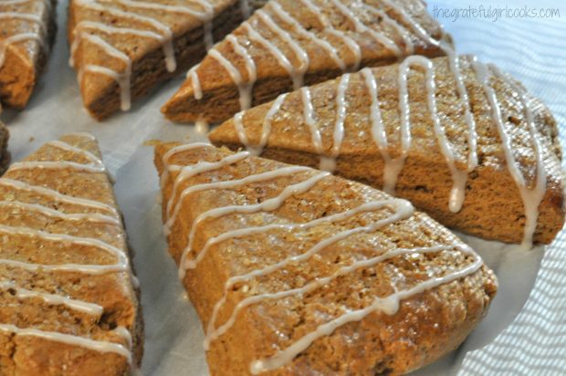 Gingerbread scones with vanilla glaze icing on top.