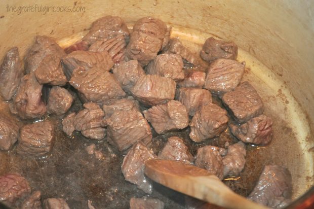 Browning stew meat in large sauce pan.