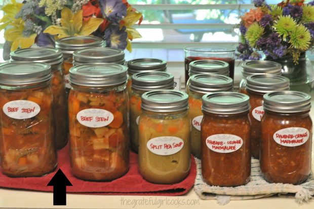 Canned beef stew on counter after processing.