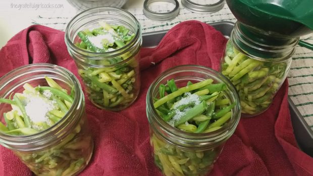 Green beans and canning salt are placed into prepared hot canning jars