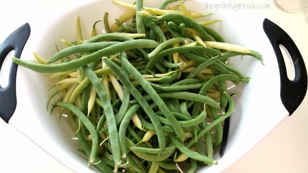 Fresh picked green (and yellow) beans ready to can, for long term storage!