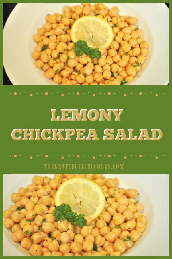 Lemony Chickpea Salad is a quick (5 minute), easy and healthy side dish, featuring chickpeas (garbanzo beans), in a light lemon, olive oil, and garlic dressing.