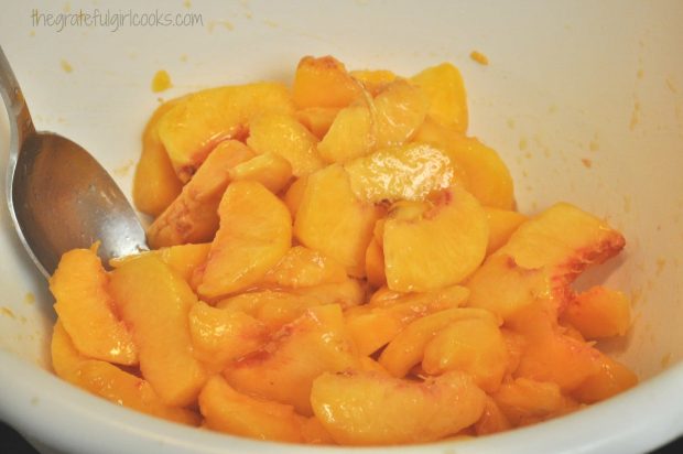 Fresh peaches peeled and sliced to make a crisp!