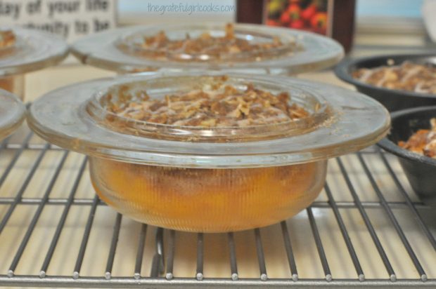 Side view of old-fashioned peach crisp.