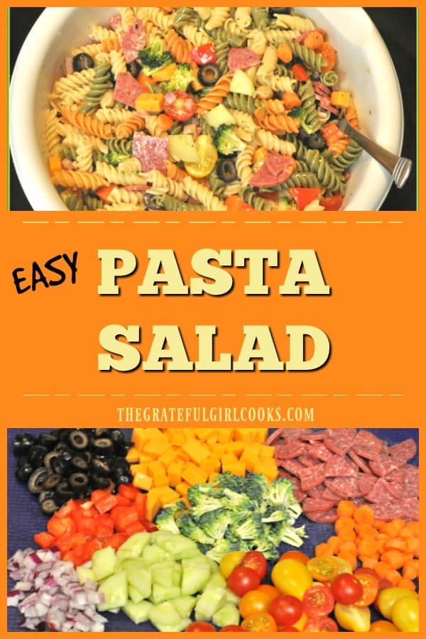 This quick (15 min.), and easy to make pasta salad with Italian dressing, salami, cheese, broccoli, olives and carrots will become a family favorite!