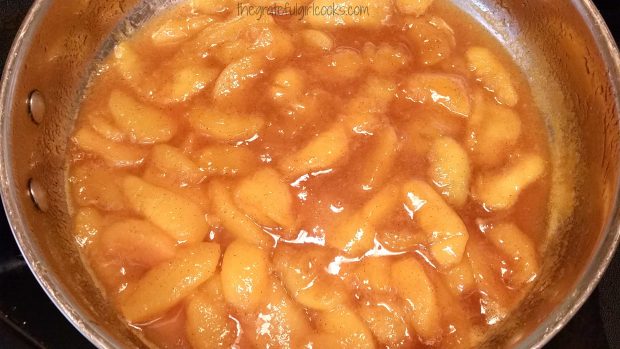 After 5-6 minutes cooking, the peaches begin to soften and break down.