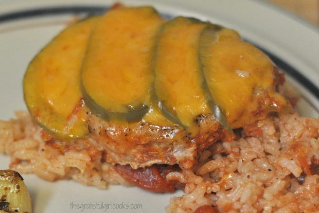 Pork Chops Olé with rice, out of the oven, and ready to eat!