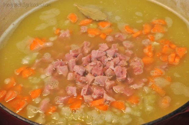 Split pea and ham soup is cooked for 30 minutes in large soup pot.