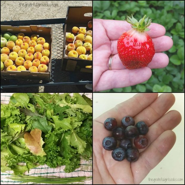 A collage of photos showing the fresh fruit in the salad.