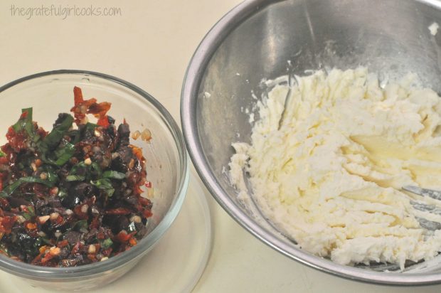 Tomato kalamata tapenade in one bowl, and cheese mixture in another for bruschetta.