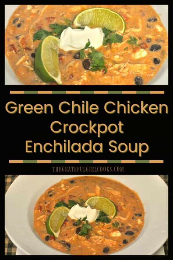 Creamy Green Chile Chicken Crockpot Enchilada Soup is an amazingly delicious Southwest inspired meal, conveniently made in a slow cooker!