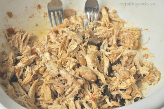 Shredding the cooked chicken to add back into the chicken crockpot enchilada soup.