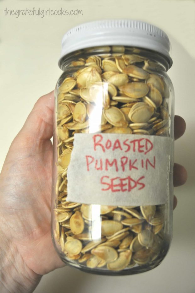 Roast pumpkin seeds are stored in an airtight container to keep them crunchy!