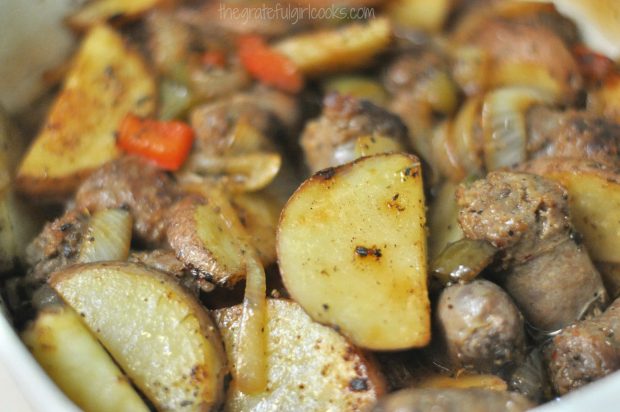 Chunks of potato and Italian sausage feature prominently in this casserole.