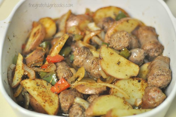 Italian Sausage Potato Casserole, after it is baked for 25 minutes.