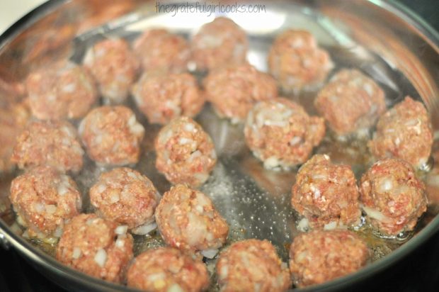 Swedish meatballs are browned in skillet.
