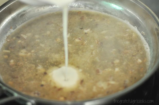 Water, flour, and seasonings poured into Swedish meatballs gravy.