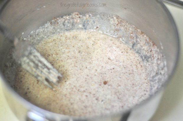 Buttermilk, eggs and cinnamon are mixed together, then added to the crumb coffeecake batter.