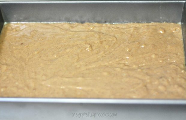 Coffeecake batter is poured into a 13x9" greased pan, for baking.