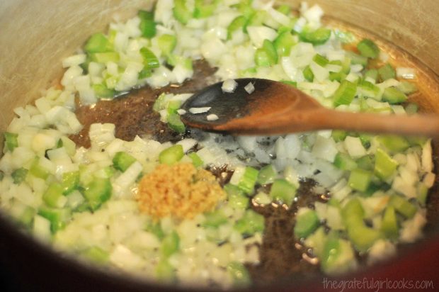 Cooking onion, celery and garlic for gnocchi soup