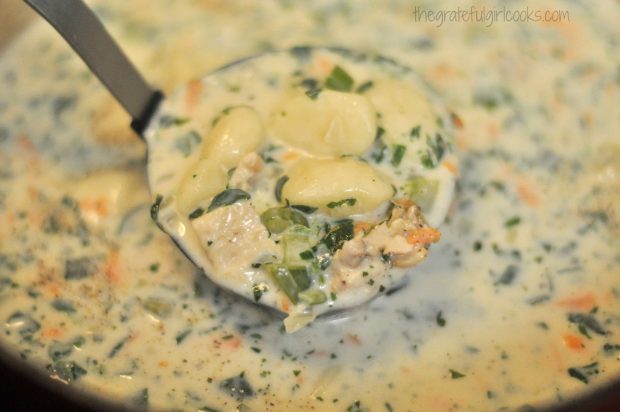 Ladle full of homemade Olive Garden Chicken Gnocchi Soup