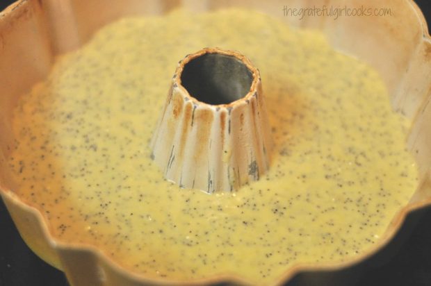 Here is the poppyseed cake batter in bundt pan, ready to bake.