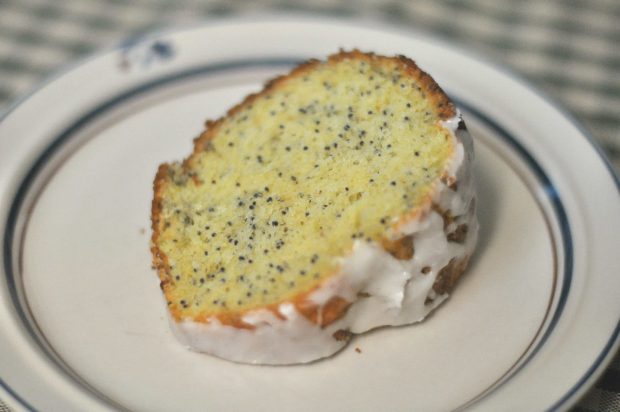 One slice of poppyseed cake, sitting on a plate.