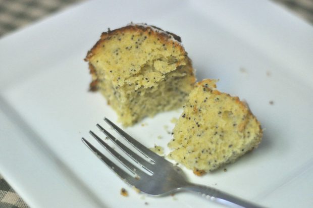 A fork and bite of the poppyseed cake on a white plate.