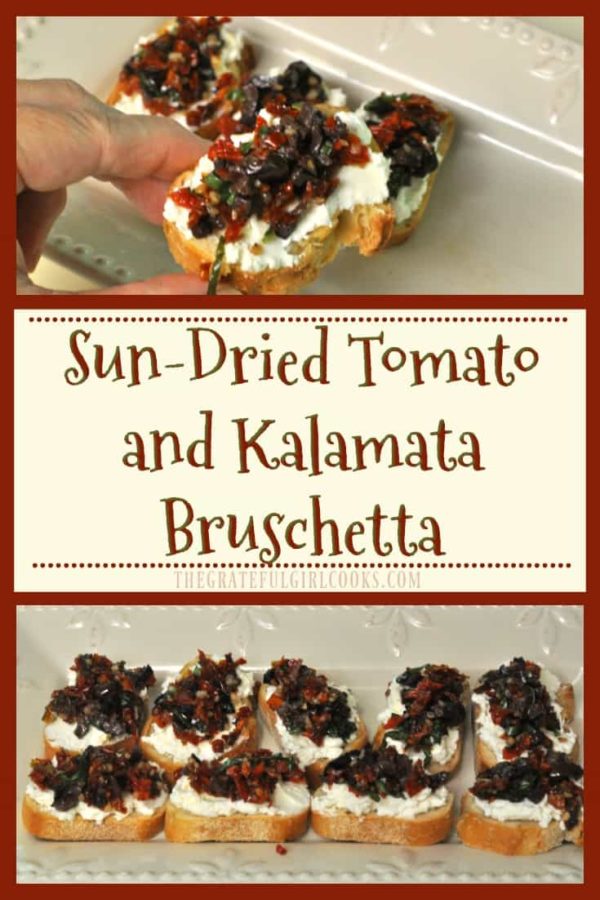 This delicious sun dried tomato kalamata olive bruschetta appetizer features toasted garlic crostini with feta, cream cheese, and fresh basil!