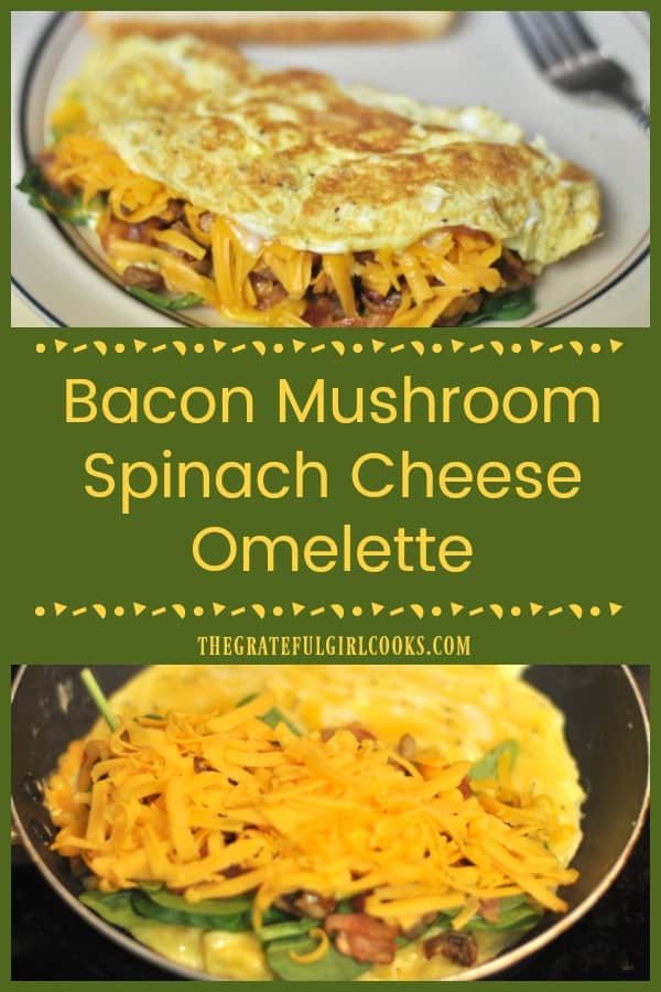 Hungry for a filling breakfast? Whip up this bacon mushroom cheese omelette, with fresh spinach leaves thrown in for good measure. It's delicious!