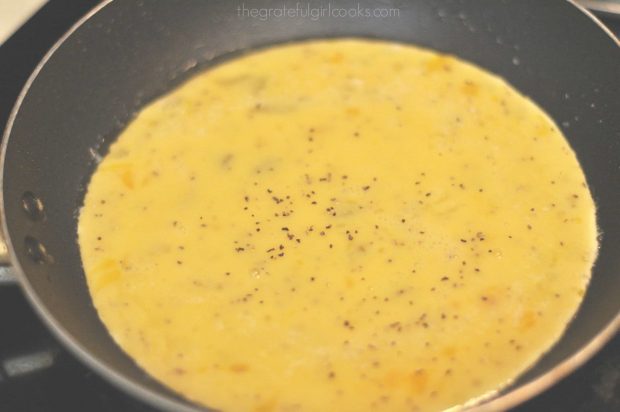 Omelette egg mixture beginning to cook in skillet