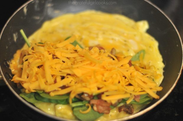 Grated cheddar cheese added to eggs, bacon and spinach in skillet