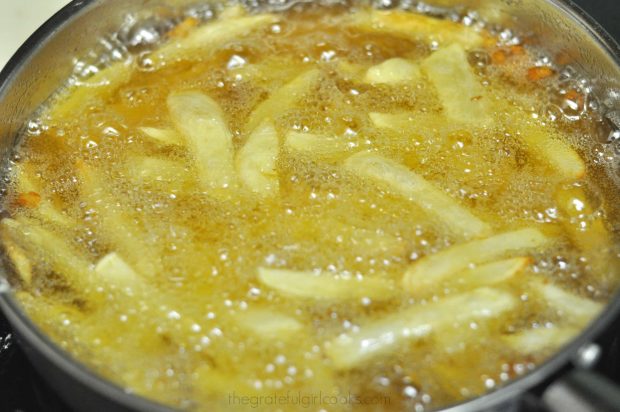 Crispy Homemade French Fries are fried a second time.