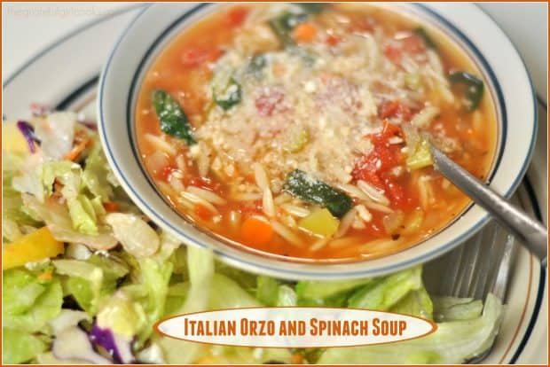 Make a big pot of Italian Orzo Spinach Soup (delicious and easy to make), with pasta, spinach, Italian spices, and diced tomatoes in 30 minutes!