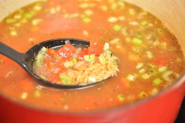 Italian spices, orzo, tomatoes, broth are added to soup