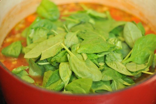 Fresh baby spinach is added to Italian orzo soup