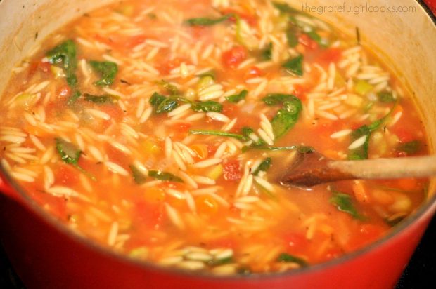 Italian orzo spinach soup is ready to serve in 30 minutes!
