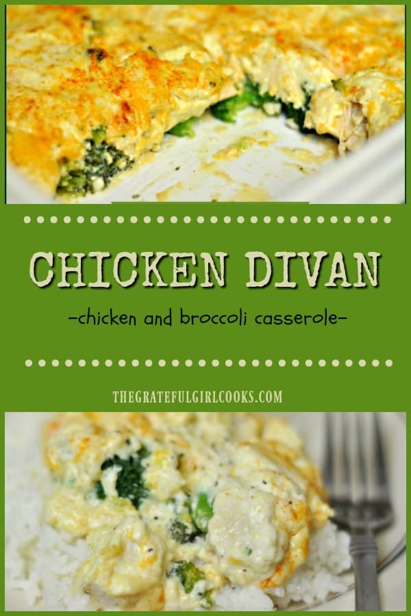 Chicken Divan is a delicious, easy to make casserole, with chicken breasts and broccoli, baked in a creamy cheese sauce, and served on a bed of fluffy rice.