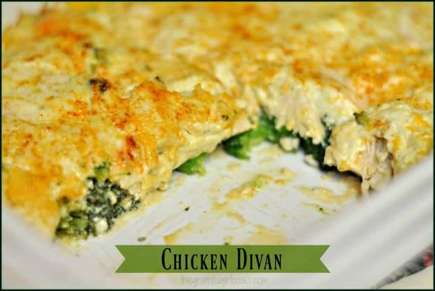 Chicken Divan is a delicious, easy to make casserole, with chicken breasts and broccoli, baked in a creamy cheese sauce, and served on a bed of fluffy rice.